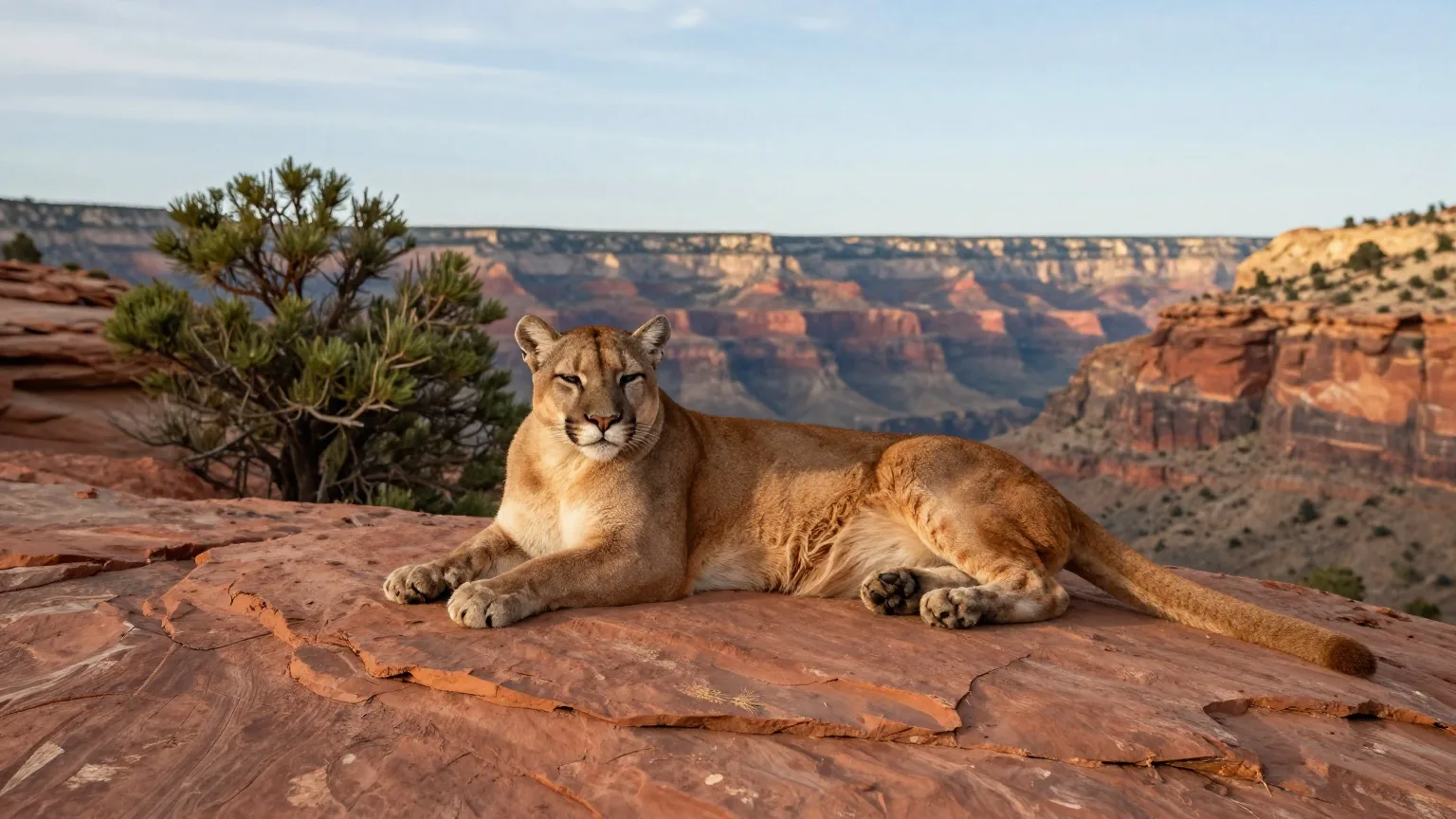 Puma liegt ruhig auf einem Felsvorsprung aus rotem Sandstein über einer Schlucht, dahinter Wacholder und Felswände im warmen Licht der späten Nachmittagssonne