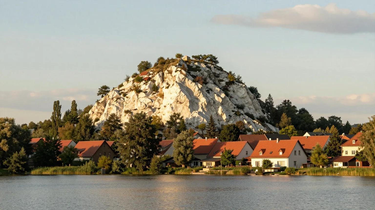 Weißer Gipsfelsen mit Bäumen über den Dächern einer norddeutschen Kleinstadt, davor ein See im Licht des späten Nachmittags