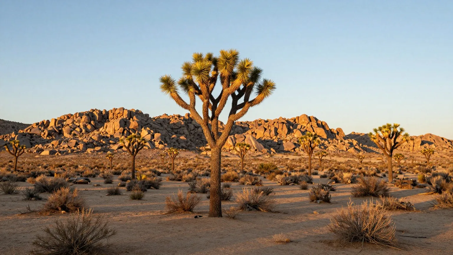 Weite Wüstenebene mit verstreuten Joshua Trees und niedrigen Kreosotbüschen, dahinter eine felsige Bergkette im goldenen Licht des späten Nachmittags