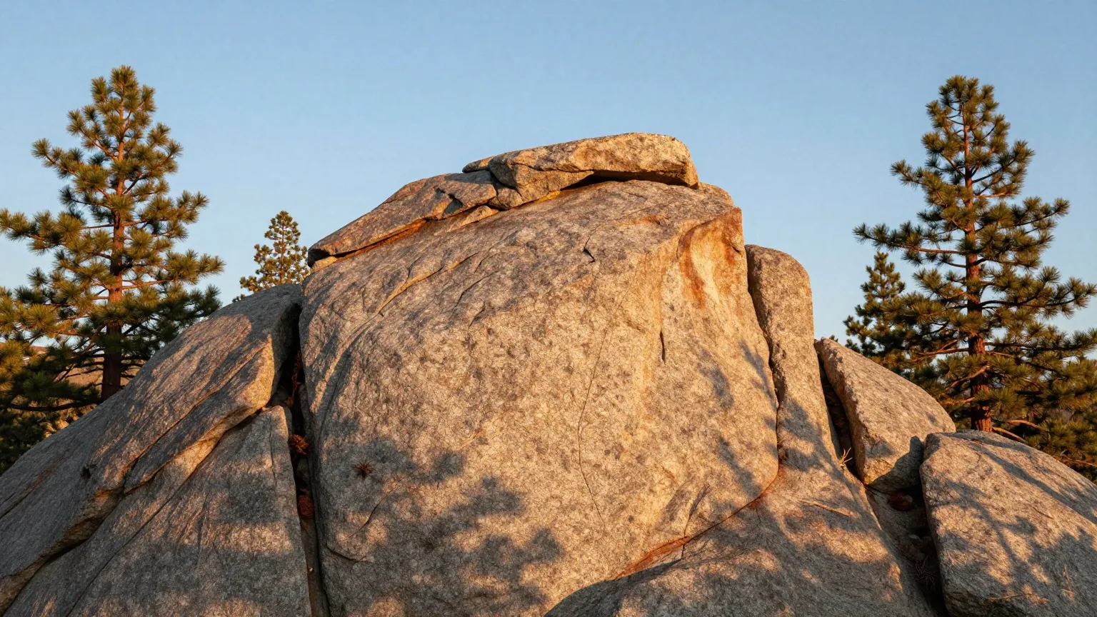 Graue Granitfelsen mit Rissen und Kanten zwischen hohen Kiefern in den Black Hills im warmen Licht der Nachmittagssonne
