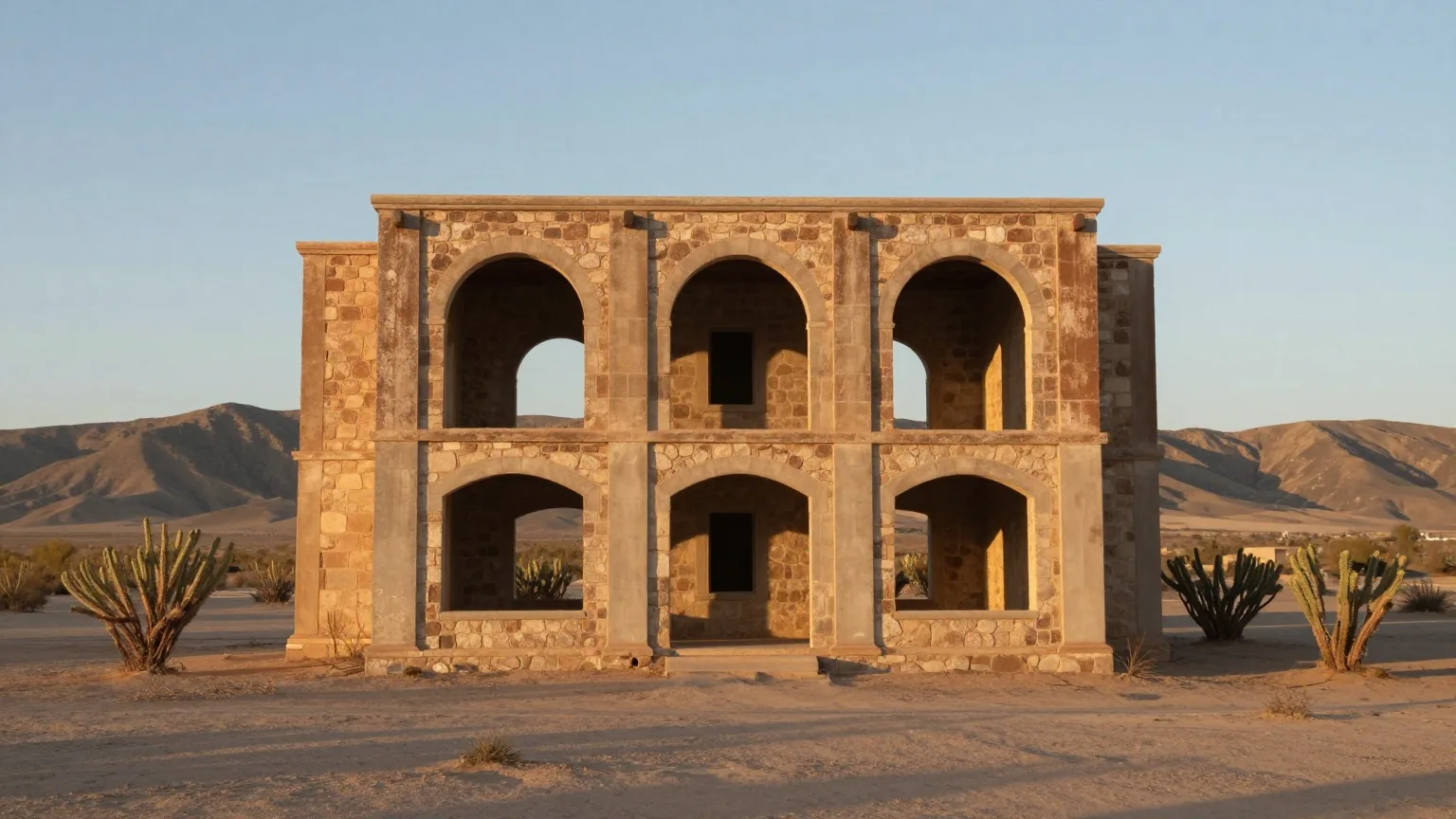 Mauerreste eines dreistöckigen Gebäudes aus Beton und Stein mit leeren Fensterbögen in einer Wüstenebene mit Kreosotbüschen, dahinter kahle Hügel