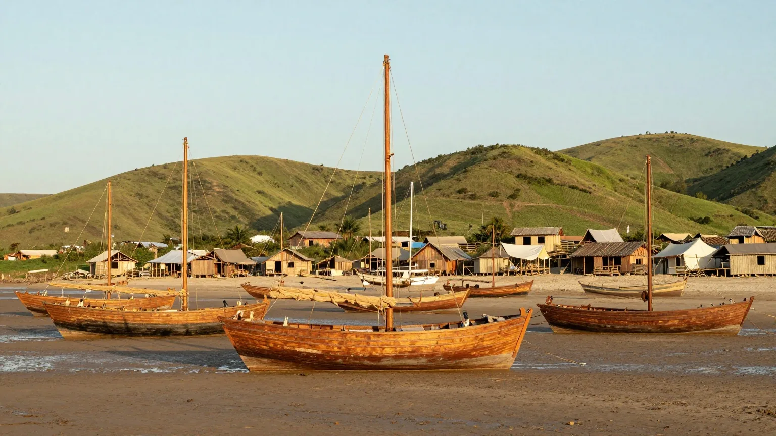 Flache Bucht voller vor Anker liegender Segelschiffe mit hohen Masten, am Ufer einfache Holzhäuser und Zelte an grünen Hügeln im goldenen Nachmittagslicht