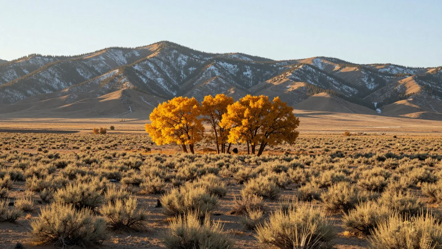 Weites Tal mit Salbeibüschen und gelb gefärbten Pappeln, dahinter die Gipfel der Sangre de Cristo Mountains im Herbstlicht