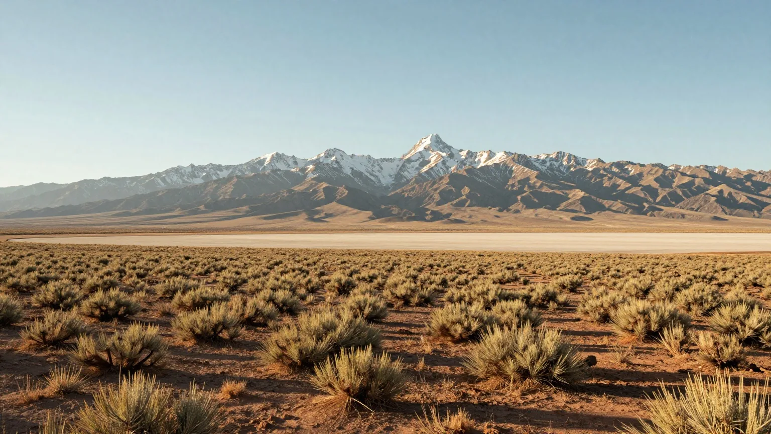 Weite Hochwüste in Nevada mit Beifuß und trockenem Seeboden, in der Ferne schneebedeckte Gipfel der Sierra Nevada im Licht der späten Nachmittagssonne