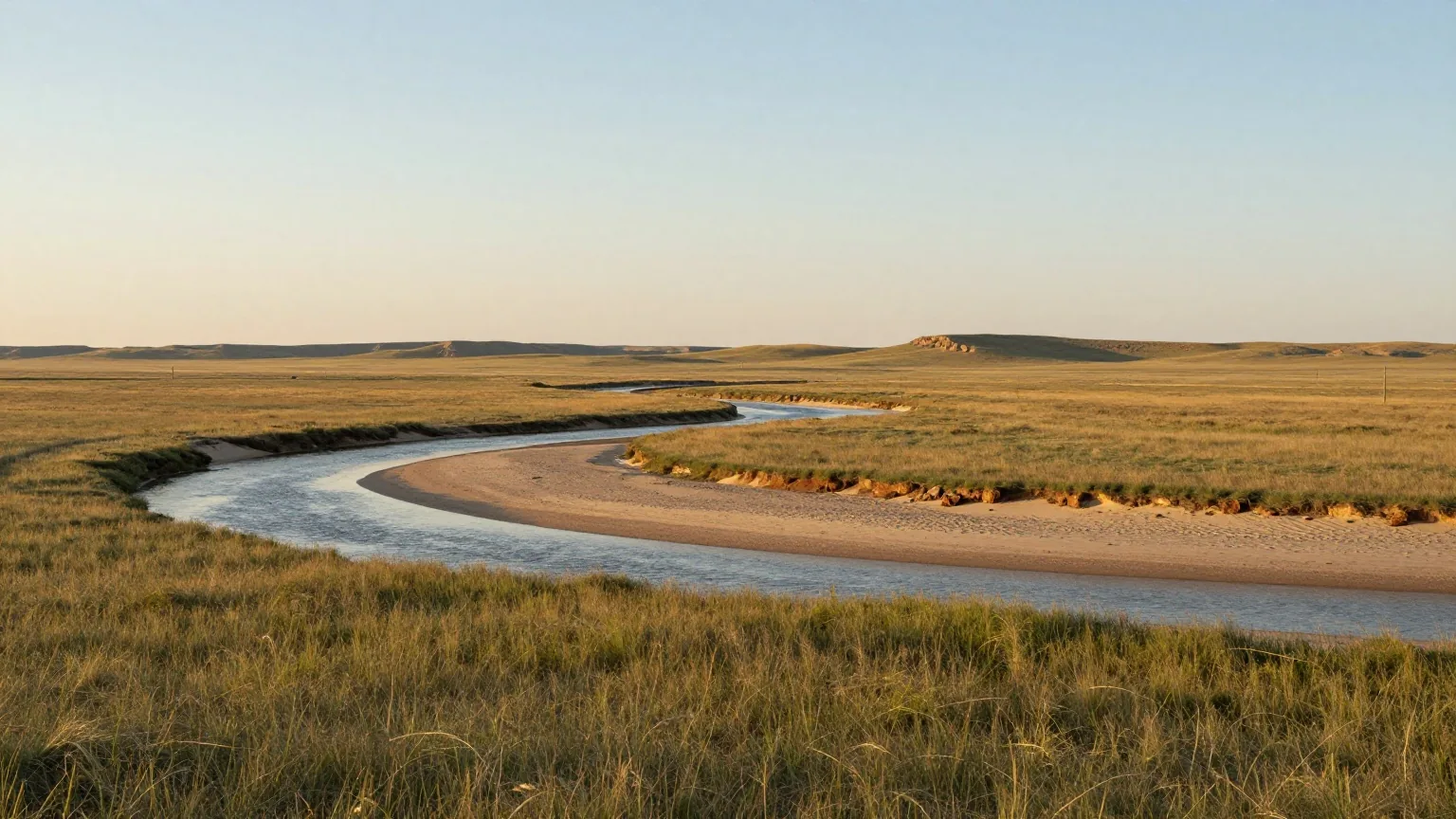 Weite Graslandschaft an einem flachen, verzweigten Fluss mit Sandbänken unter großem Himmel im warmen Abendlicht