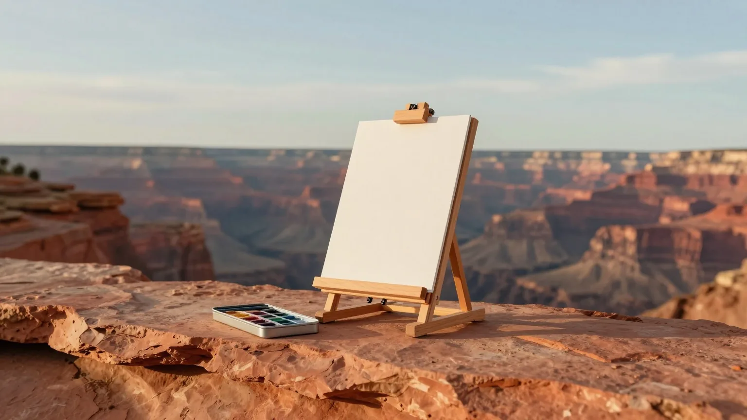 Kleine hölzerne Feldstaffelei mit leerem Zeichenblatt, Bleistifte und ein Aquarellkasten auf einem Sandsteinfelsen über einem tiefen roten Canyon im warmen Abendlicht