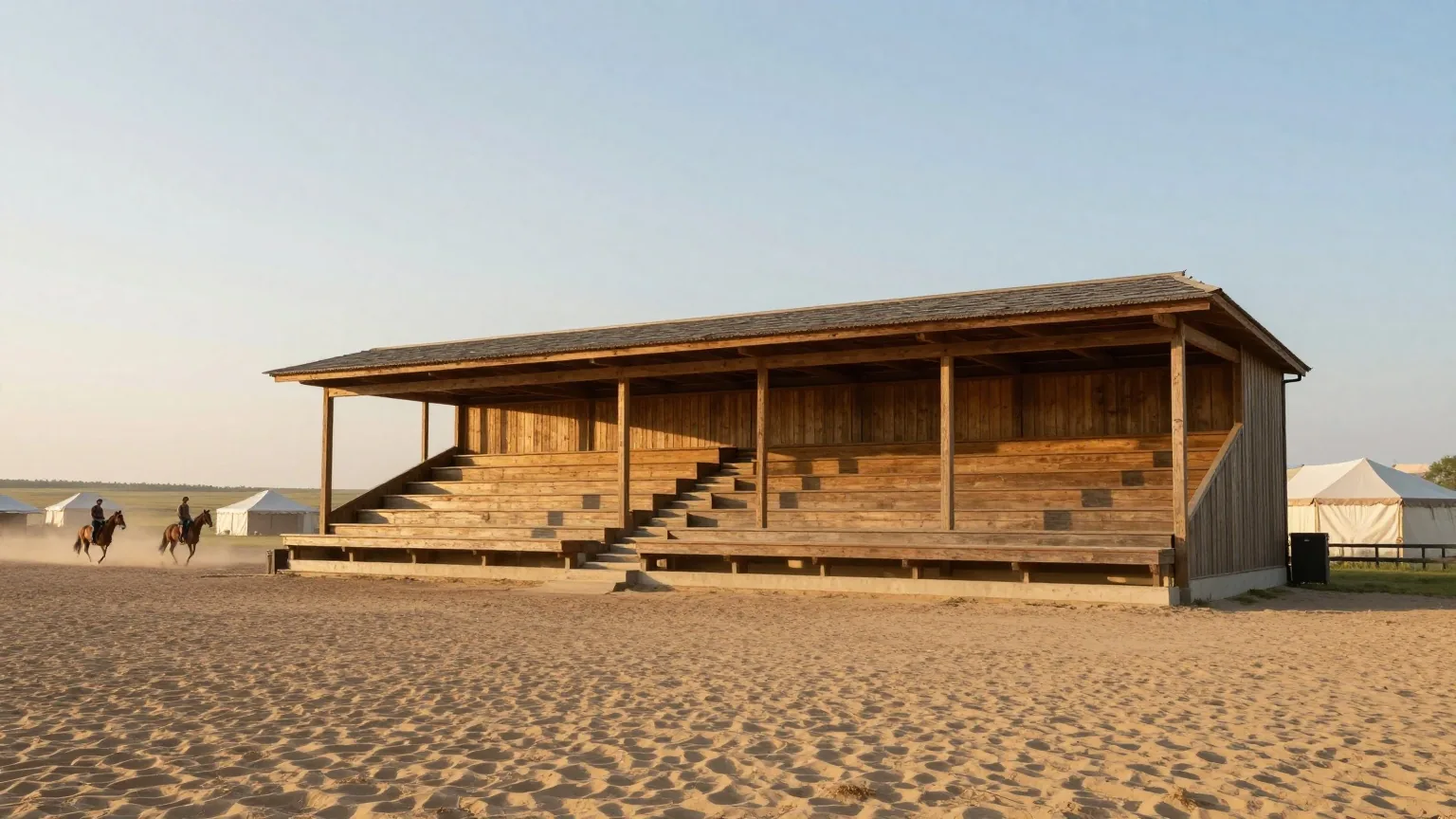 Holztribüne an einer weiten, sandigen Arena unter freiem Himmel, in der Ferne einige Reiter mit Pferden, Staub im warmen Licht des späten Nachmittags