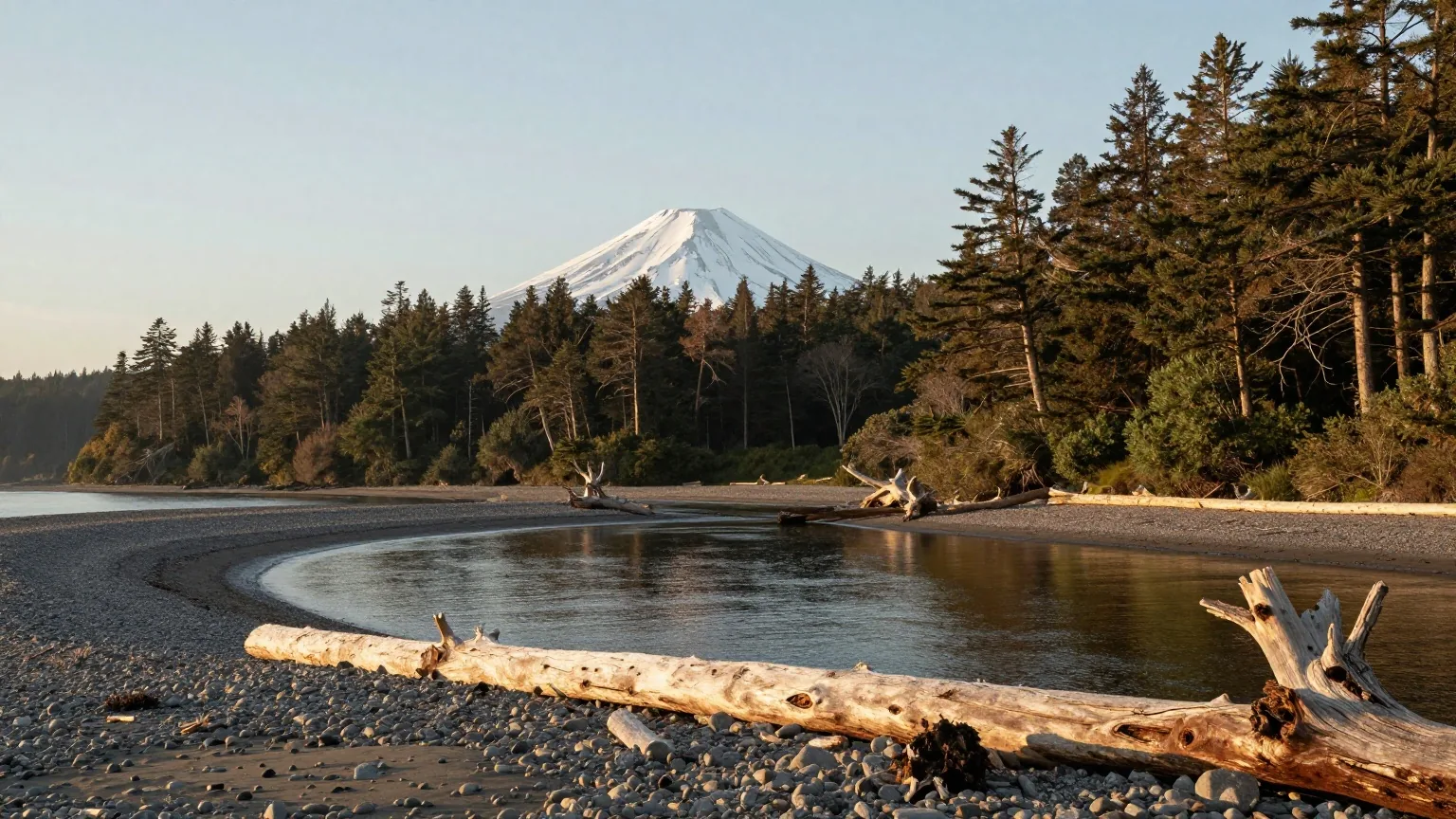 Ruhige Meeresbucht mit Kiesstrand und Treibholz, dahinter dichter Nadelwald und in der Ferne ein schneebedeckter Vulkankegel im milden Abendlicht