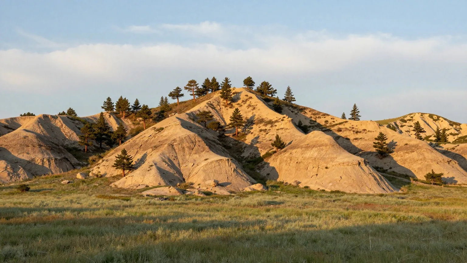 Bewaldete Hügel der Black Hills mit Ponderosa-Kiefern und hellen Granitfelsen über einer Wiese im Licht der späten Nachmittagssonne
