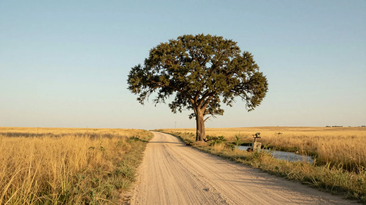 Staubige Wagenstraße durch die Prärie von Kansas mit einer einzelnen großen Pappel an einem kleinen Bach im späten Nachmittagslicht