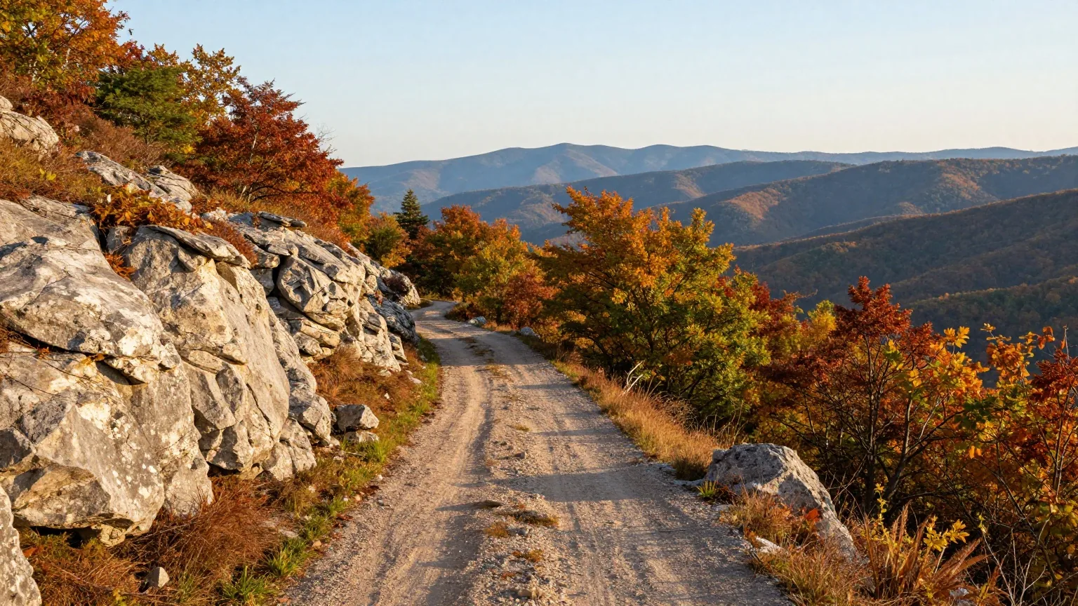 Bewaldeter Pass in den Appalachen mit einem schmalen Erdpfad zwischen Felsen und Laubbäumen in Herbstfarben, dahinter blaue Bergketten im Abendlicht