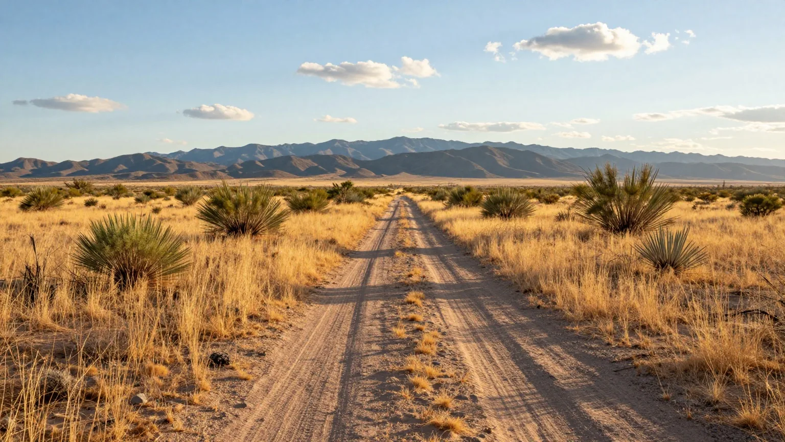 Weite Wüstenebene in Arizona mit trockenem Gras und Mesquitesträuchern, dahinter blaue Bergketten im späten Nachmittagslicht