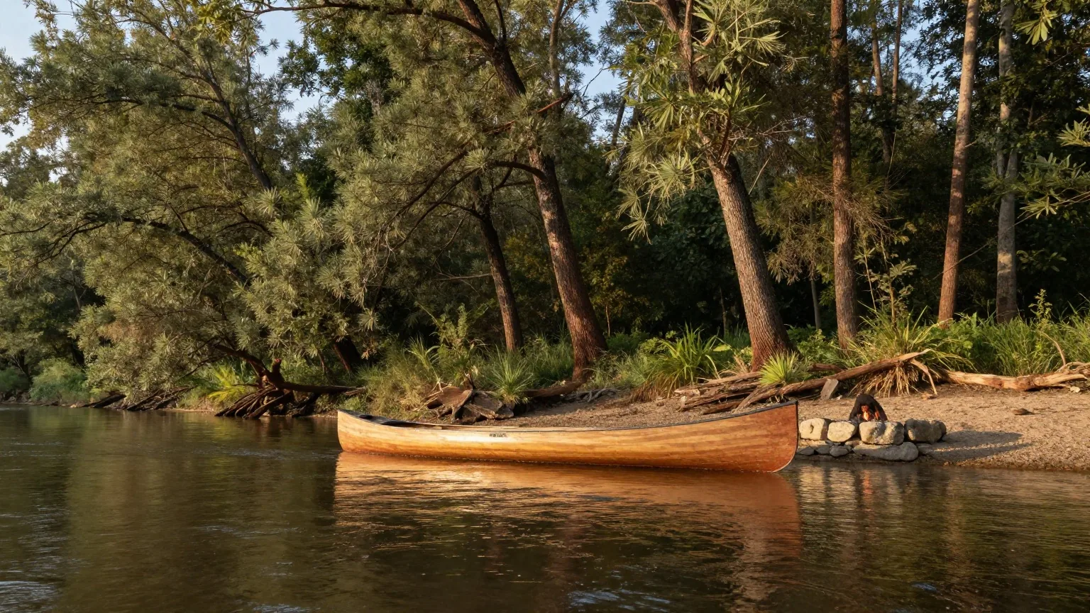 Ruhiger Fluss in dichtem Laubwald mit hohen Platanen und Eichen, am Ufer ein Einbaum aus Holz und ein Lagerfeuerplatz, warmes Spätnachmittagslicht zwischen den Bäumen