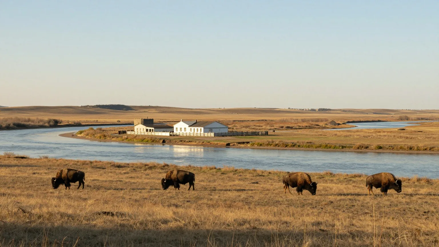 Weite Prärie am Zusammenfluss zweier breiter Flüsse, in der Ferne ein Handelsposten mit weißer Holzpalisade und Eckbastion, im Vordergrund grasende Bisons im warmen Licht der späten Nachmittagssonne