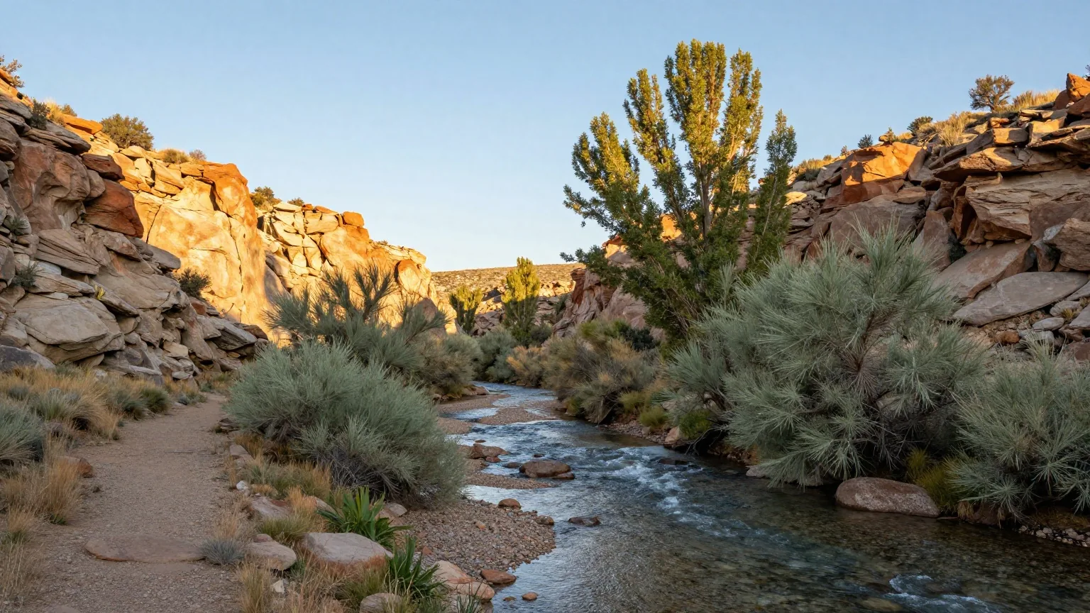 Felsige Schlucht am Oberlauf des Gila River mit Pappeln und einem grünen Uferstreifen im späten Nachmittagslicht