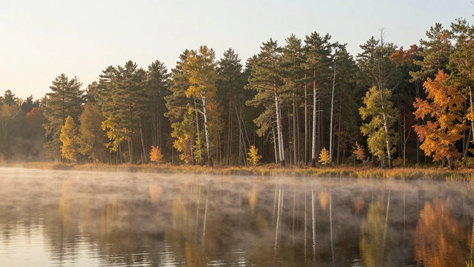 Stiller See im Morgendunst, am Ufer hohe Weymouth-Kiefern und Laubbäume in ersten Herbstfarben, keine Menschen