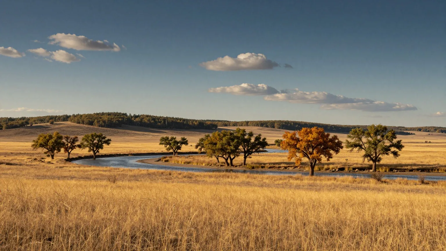 Weite Graslandschaft mit einem gewundenen Fluss und Pappeln, am Horizont eine bewaldete Hügelkette im goldenen Licht der späten Nachmittagssonne