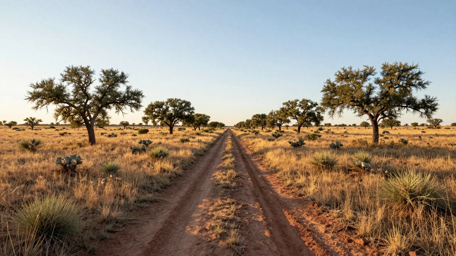 Weite Graslandschaft in Texas mit Mesquitebüschen und Eichen an einem trockenen Bachbett, ein ausgetretener Viehpfad führt zum Horizont, Abendlicht