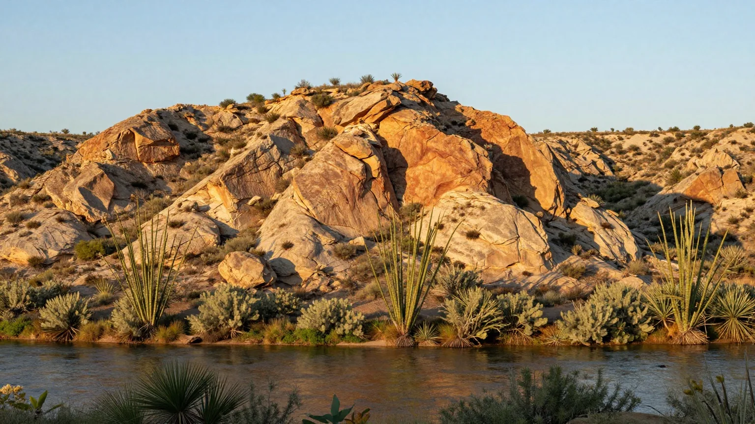Felsige Kalksteinhügel über dem Tal des Rio Grande in Westtexas mit Kreosotbüschen, Ocotillo und Yuccas, unten glitzert der Fluss im Abendlicht.