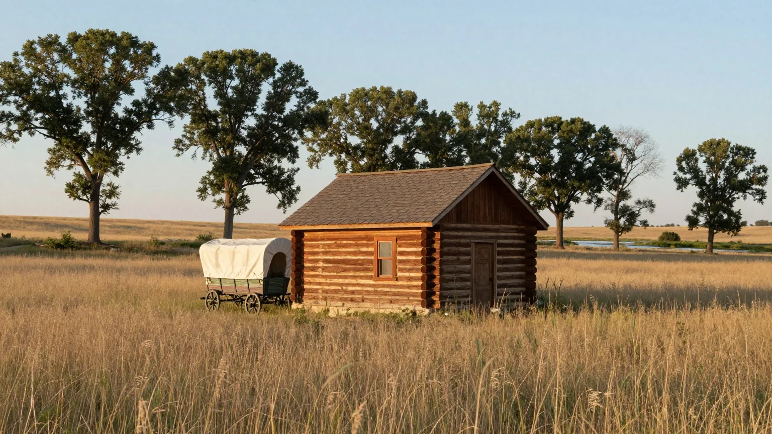 Kleine Blockhütte mit Schindeldach in einer weiten Graslandschaft, daneben ein Planwagen ohne Zugtiere und eine Reihe Pappeln an einem Bach im warmen Licht der späten Nachmittagssonne