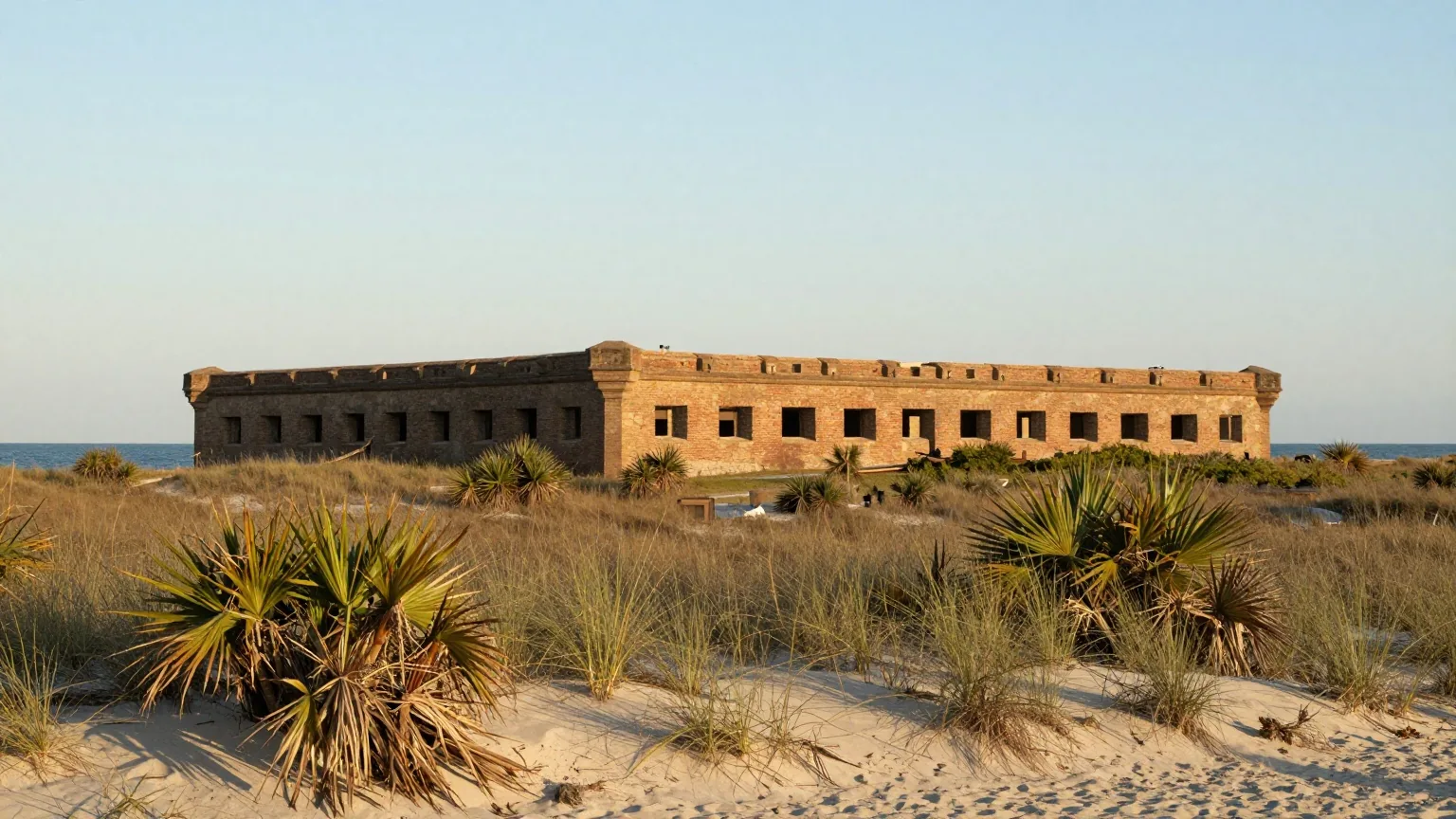 Niedrige Mauern einer alten Küstenfestung aus Ziegeln und Erdwällen hinter Sanddünen mit Strandhafer und Palmettopalmen, dahinter das Meer im warmen Licht der späten Nachmittagssonne