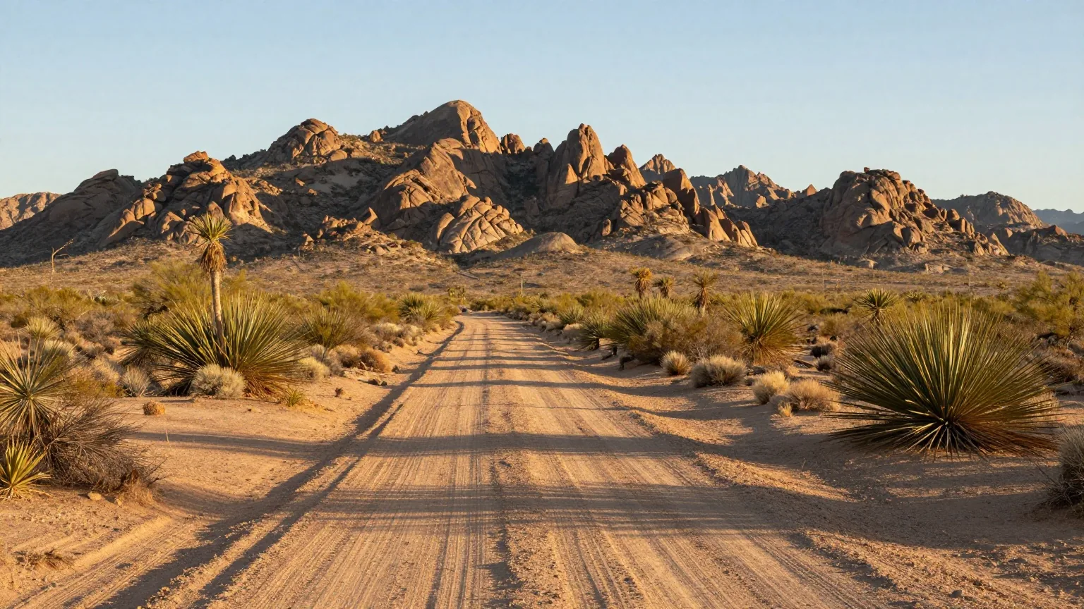 Einsamer Fahrweg durch ein weites Wüstental mit Kreosotbüschen und Yuccas, dahinter die zackigen Felsnadeln einer Bergkette im Licht der späten Nachmittagssonne