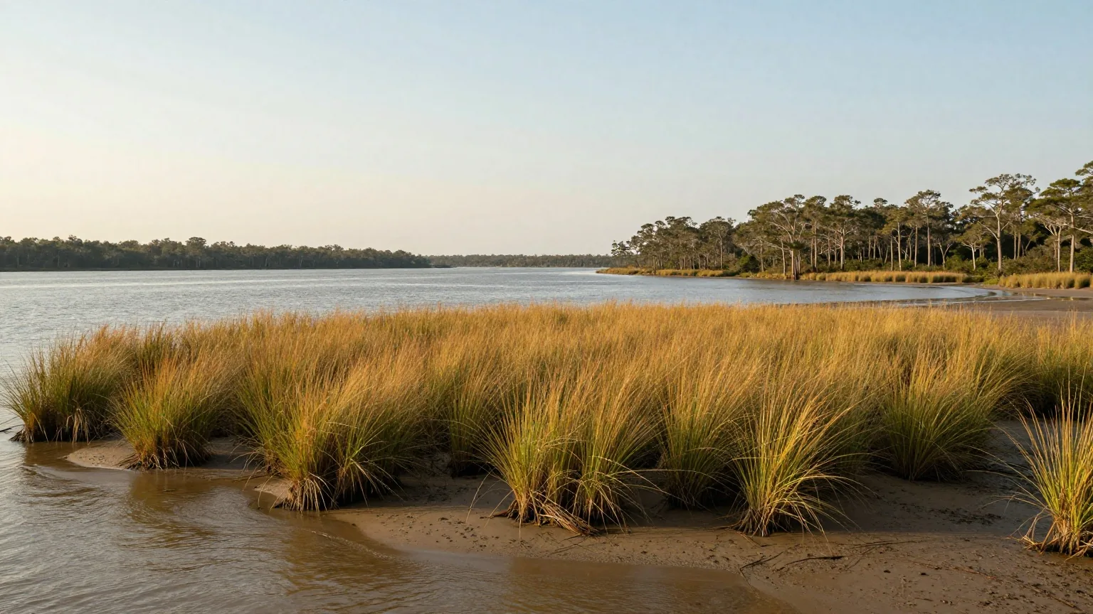 Weite Gezeitenmarsch am James River in Virginia im späten Nachmittagslicht mit hohem Gras, ruhigem braunem Wasser und Kiefern am fernen Ufer