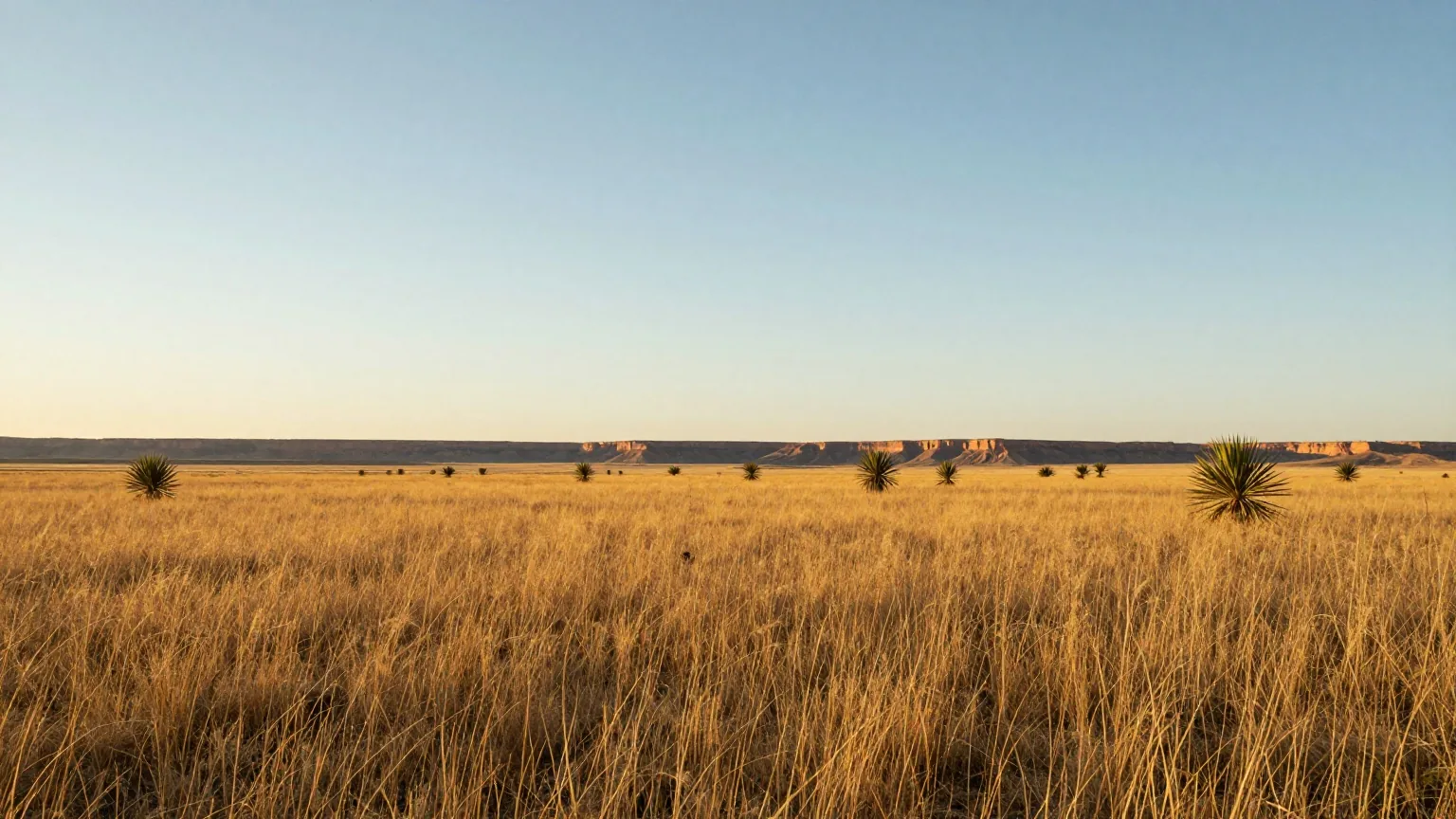 Weite, flache Hochebene mit goldenem Gras unter großem Himmel, am Horizont der Rand eines Canyons im späten Nachmittagslicht