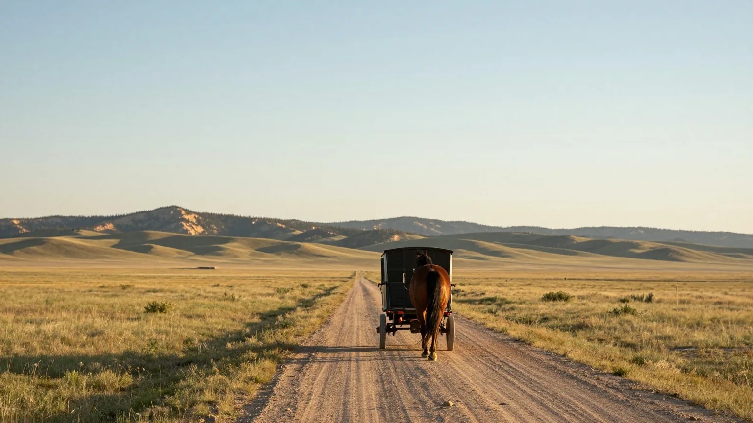 Pferdegezogener Postwagen von hinten auf einem Feldweg durch hügeliges Grasland, dahinter die Ausläufer der Rocky Mountains im Licht des späten Nachmittags