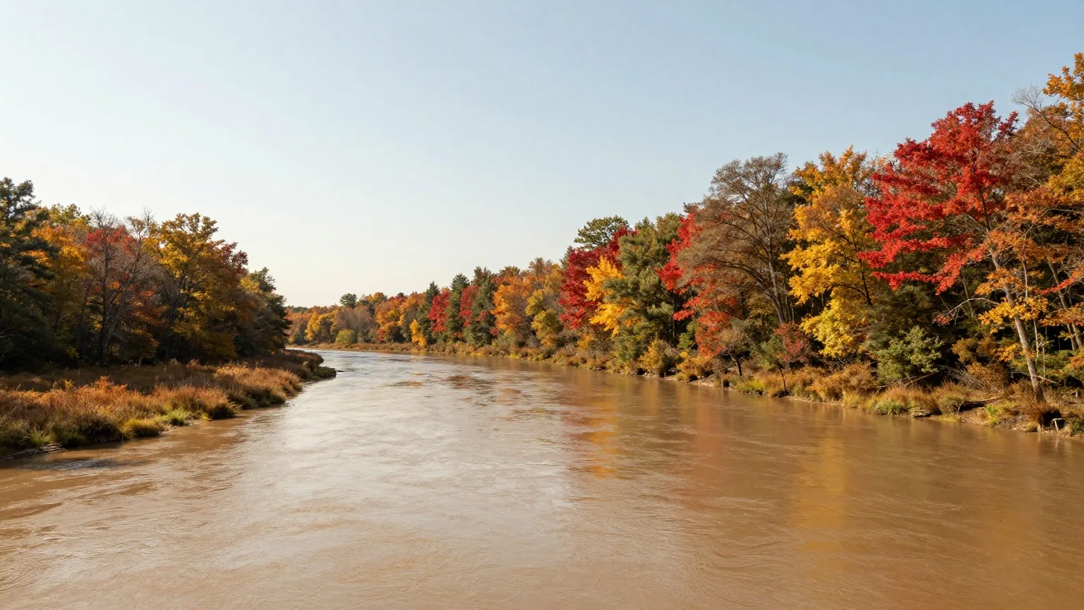 Ruhiger Fluss mit lehmigen Ufern zwischen Laubwald und Sumpfwiesen im Herbst, Ahorn und Eichen in Rot und Gold, warmes Licht der späten Nachmittagssonne