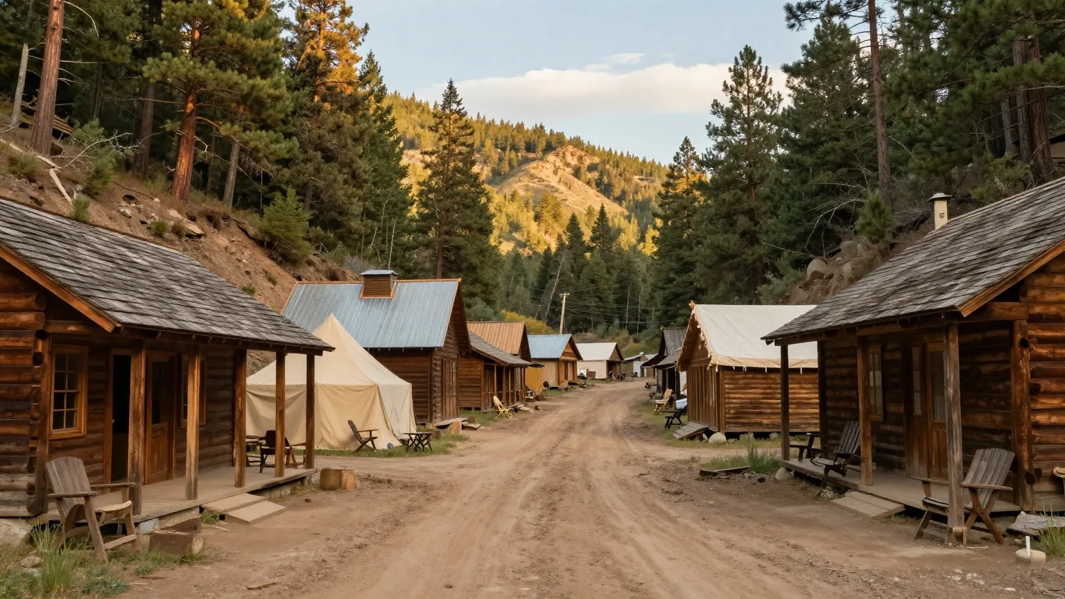 Hölzerne Häuser mit hohen Scheinfassaden und Zelte eines Goldgräberlagers in einer engen, bewaldeten Schlucht der Black Hills im späten Nachmittagslicht