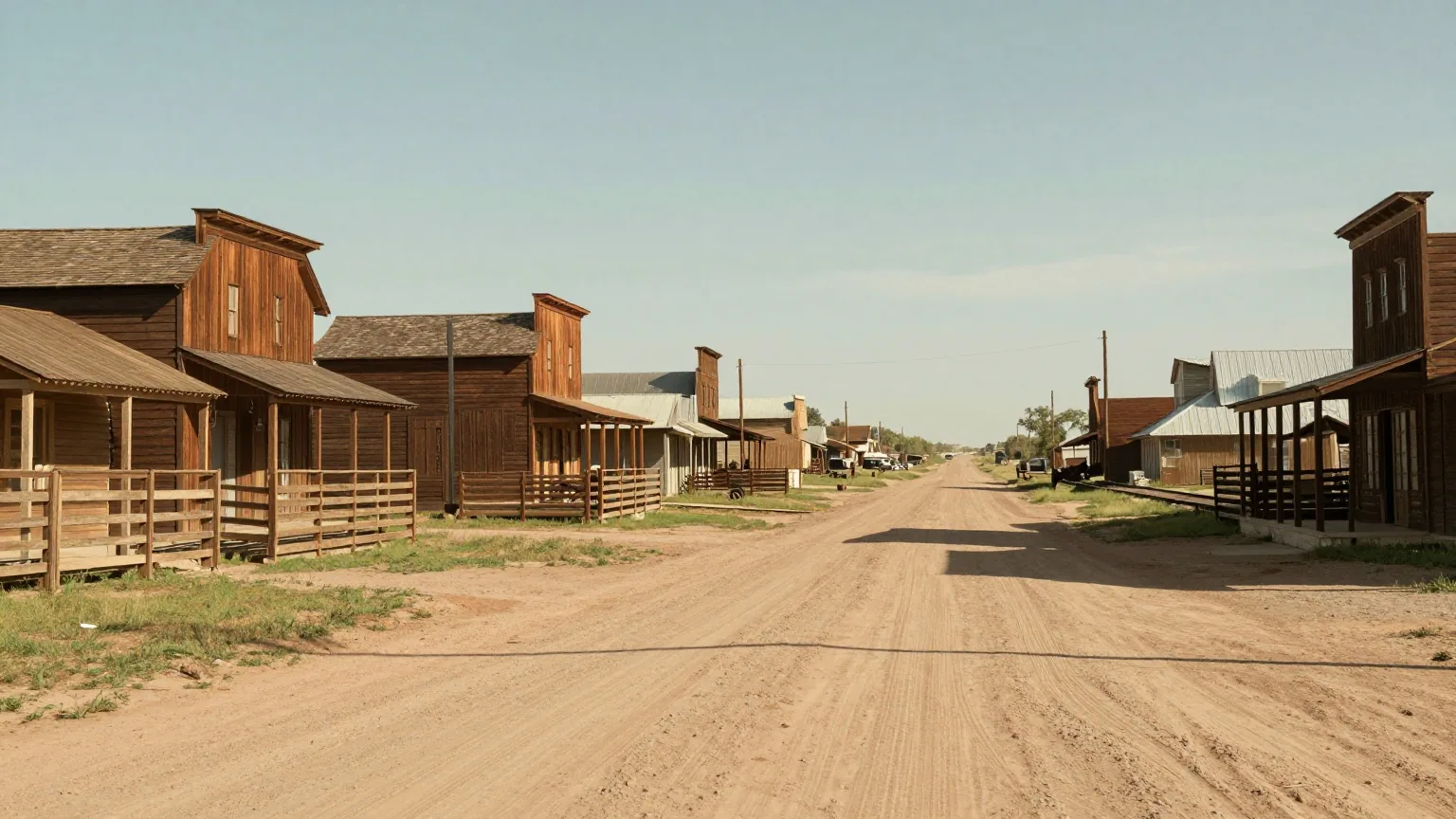 Breite, staubige Hauptstraße einer Rinderstadt in Kansas mit Holzhäusern, hohen Scheinfassaden und Anbindebalken, am Ende der Straße ein Bahngleis und Viehpferche im goldenen Abendlicht
