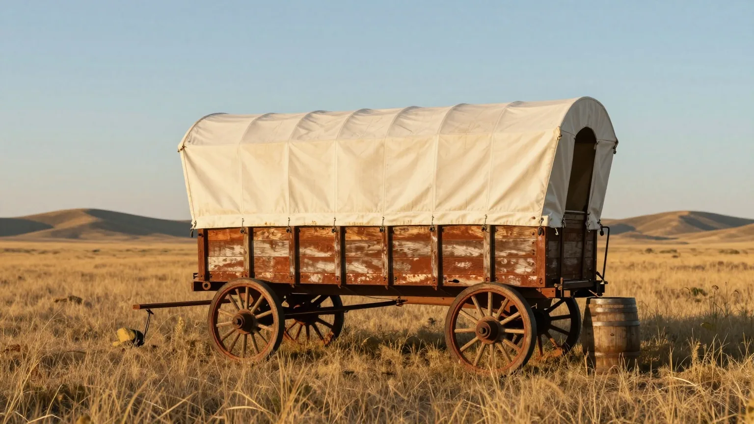 Planwagen mit heller Leinwandplane auf einer weiten Grasprärie, dahinter niedrige Hügel unter einem hohen Himmel im warmen Licht des späten Nachmittags