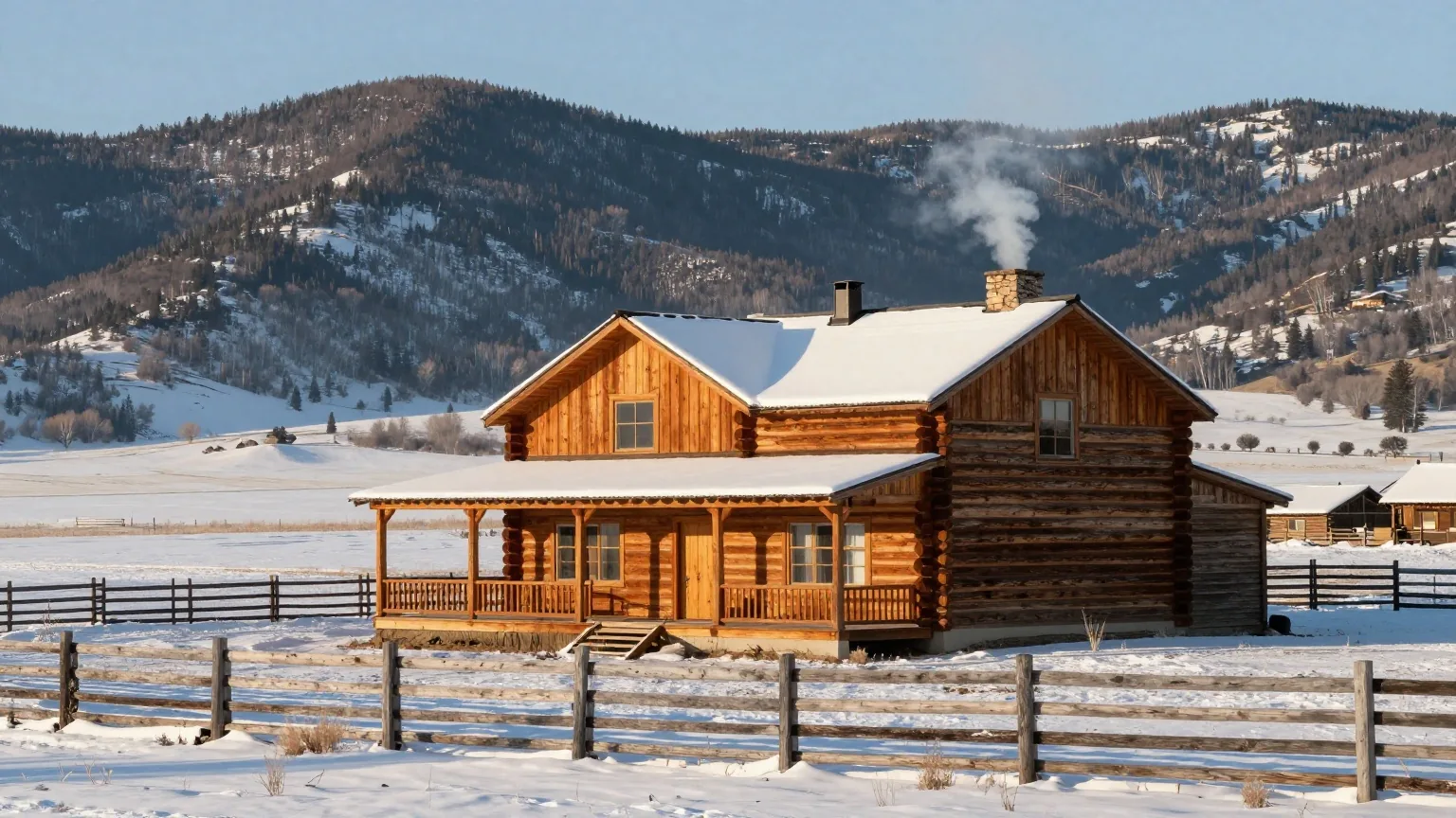 Verschneites Ranchhaus aus Holz mit Veranda vor bewaldeten Bergen, davor ein Zaun aus Rundhölzern und eine Koppel im klaren Winterlicht des Nachmittags