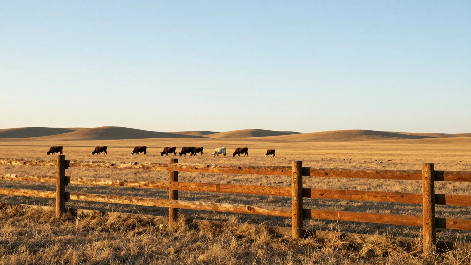 Holzzaun einer Ranch am Rand einer weiten Graslandschaft im warmen Licht des späten Nachmittags, in der Ferne grasen Rinder vor flachen Hügeln