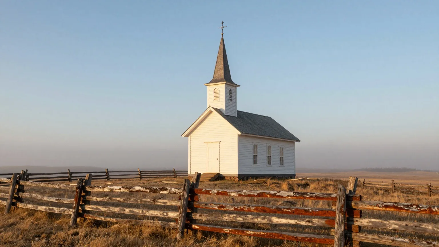 Kleine weiße Holzkirche mit spitzem Turm auf einer Anhöhe, darunter ein nebliges Tal mit Holzzäunen im späten Nachmittagslicht