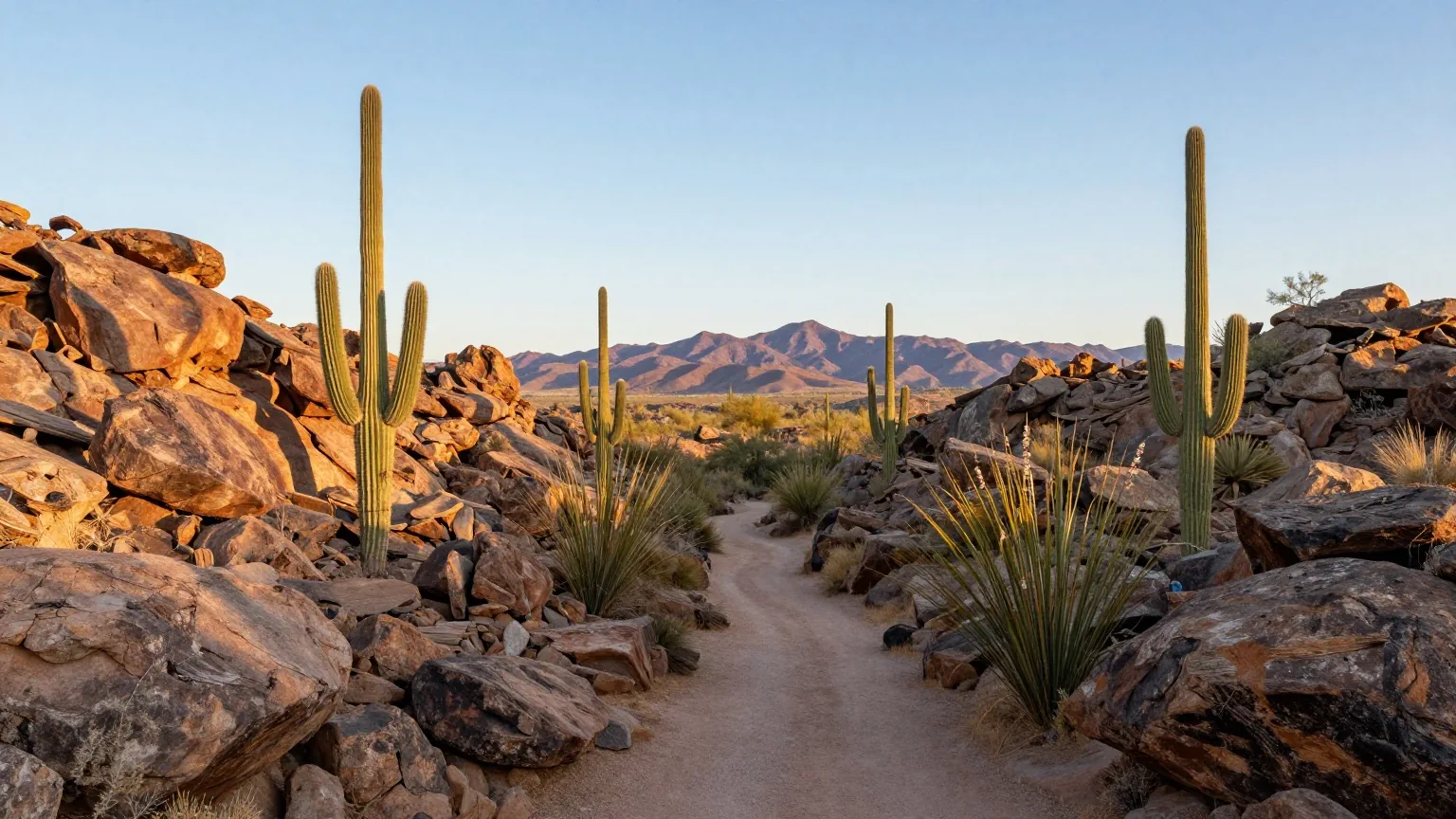 Trockene Felsschlucht in Arizona mit Saguaro-Kakteen und Ocotillo, ein staubiger Pfad und blaue Bergketten im Licht des späten Nachmittags
