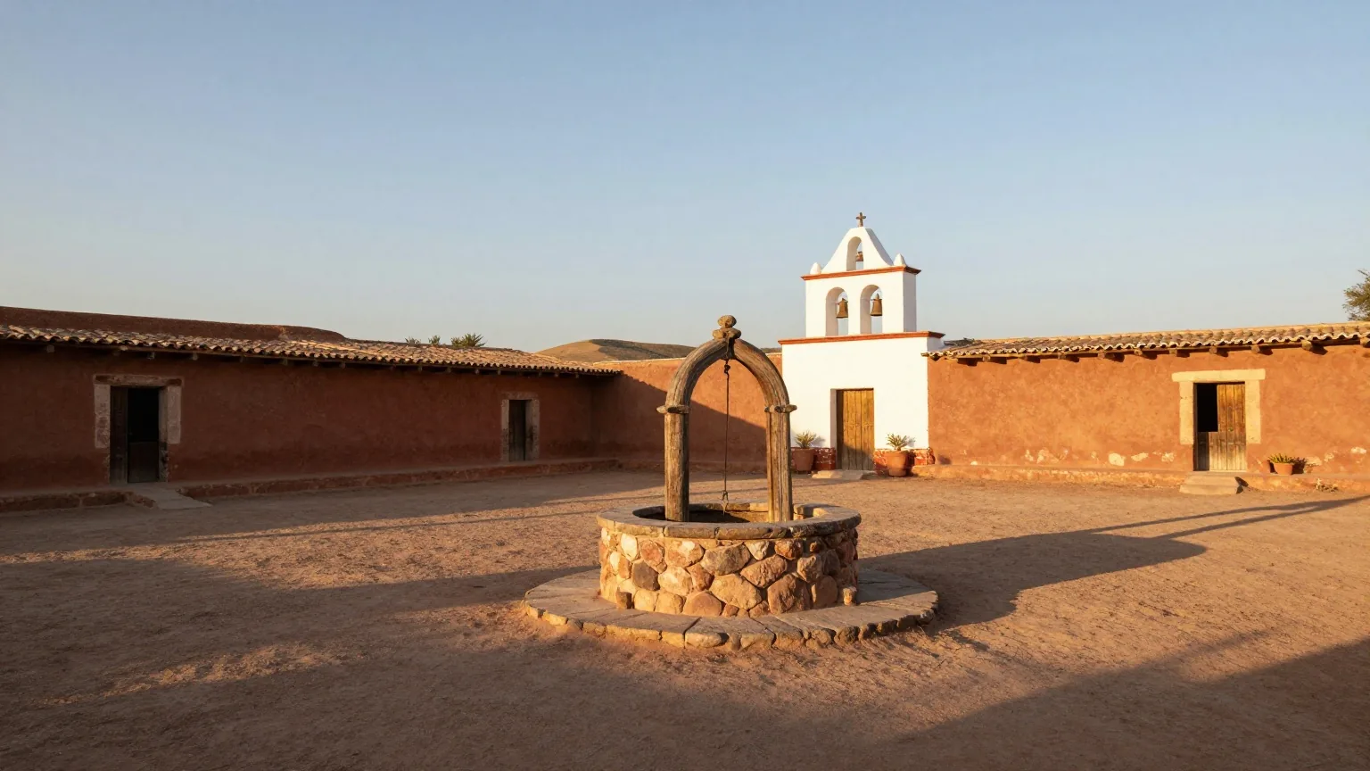 Leerer Dorfplatz aus Lehmziegelhäusern mit gemauertem Brunnen und kleinem Glockenturm in einer trockenen Hügellandschaft im Abendlicht