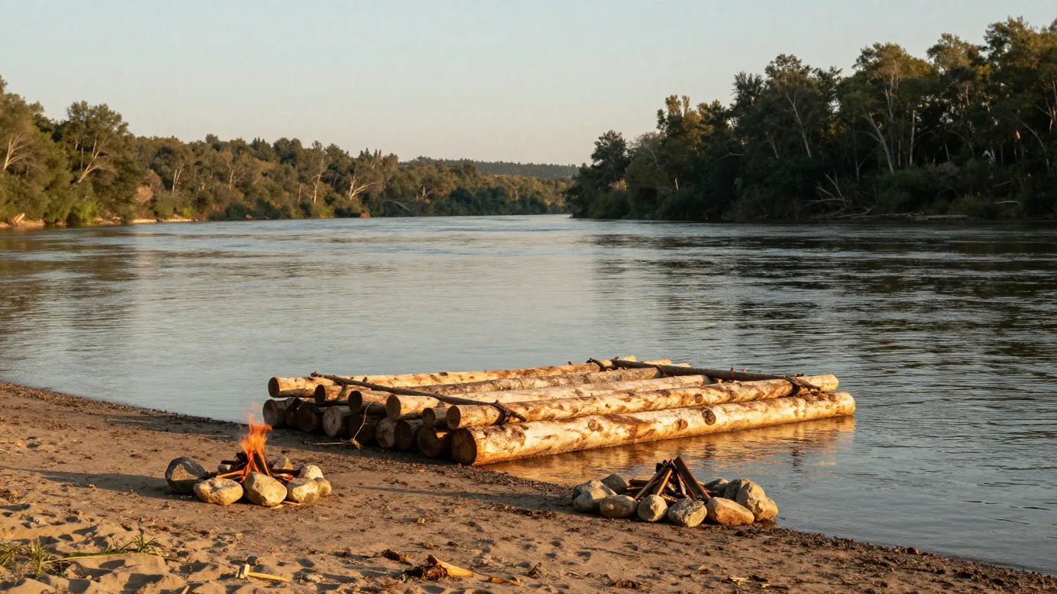 Floß aus Baumstämmen am Ufer eines breiten Flusses zwischen bewaldeten Hügeln im Abendlicht