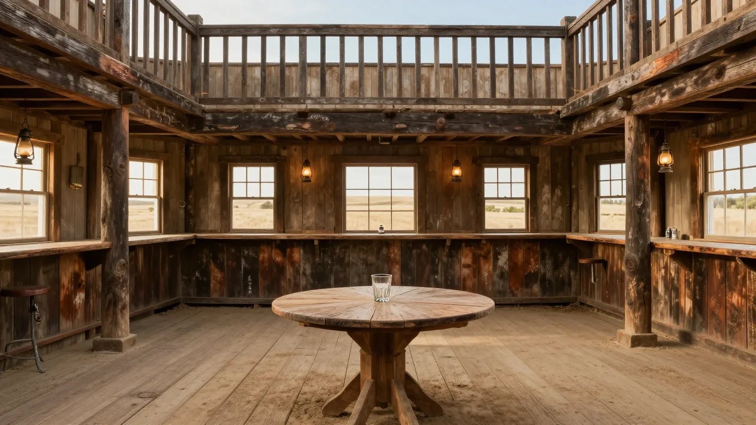 Leerer Saloon aus dunklem Holz mit langer Theke, Petroleumlampen und einer Galerie mit Geländer, auf einem runden Holztisch ein leeres Glas, warmes Licht fällt durch staubige Fenster