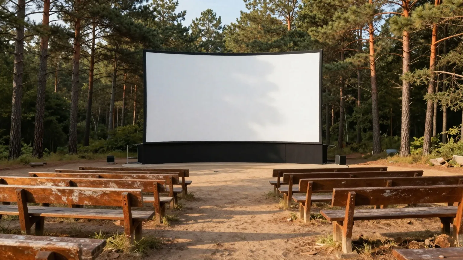 Leere Holzbänke einer Freilichtbühne in einer Lichtung mit Kiefern, davor eine helle, leere Leinwand im warmen Licht eines Sommerabends