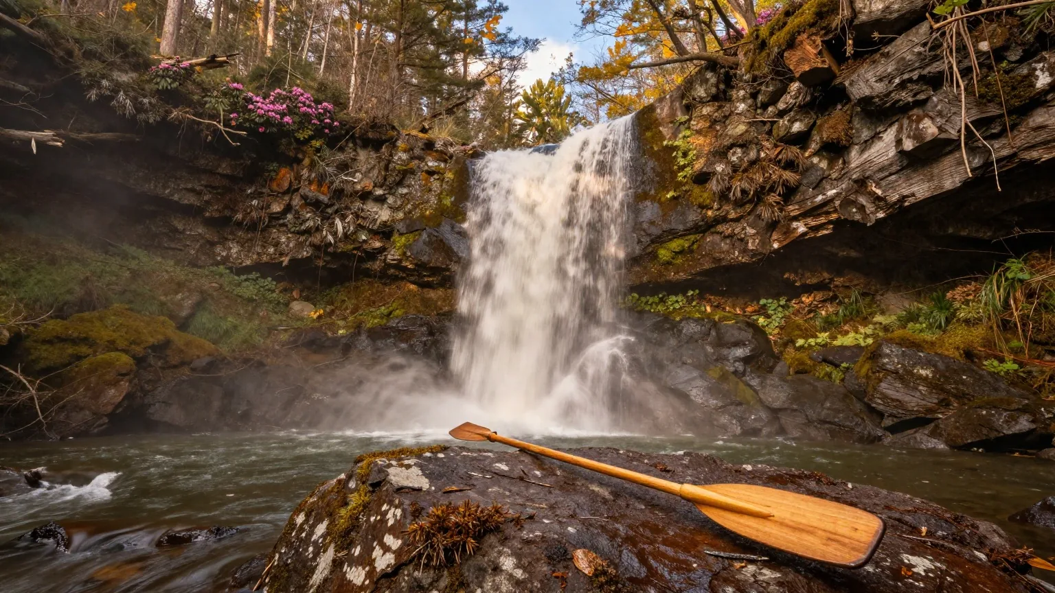 Wasserfall, der über eine dunkle Felskante in eine bewaldete Schlucht stürzt, davor ein Holzpaddel auf einem bemoosten Stein im Licht der späten Nachmittagssonne