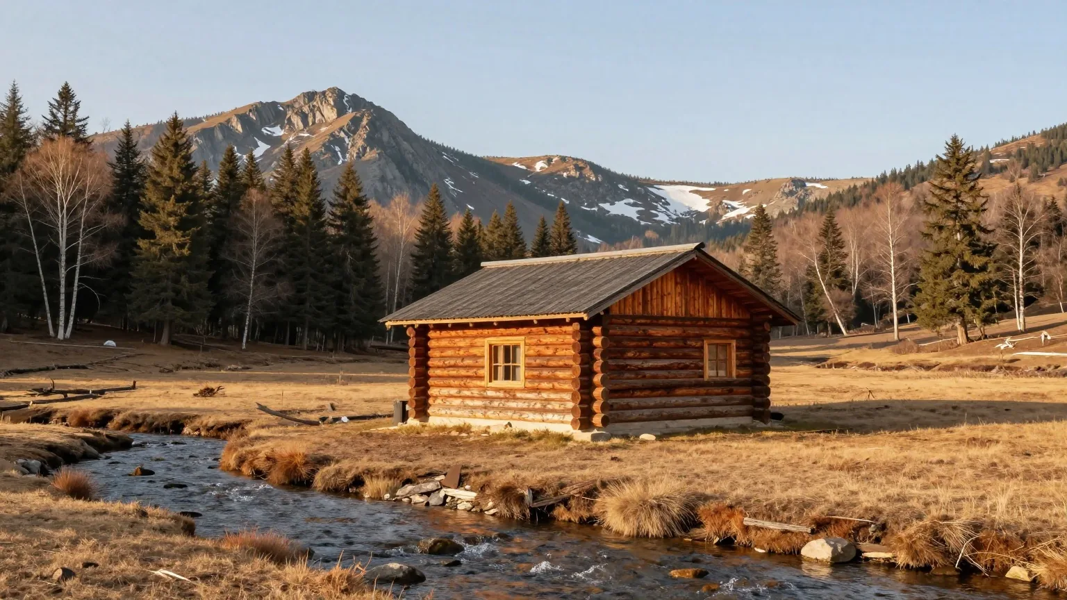 Kleine Blockhütte am Rand einer Bergwiese mit Fichten und Espen, davor ein klarer Bach, dahinter Felsgipfel mit Schneeresten im Licht der späten Nachmittagssonne