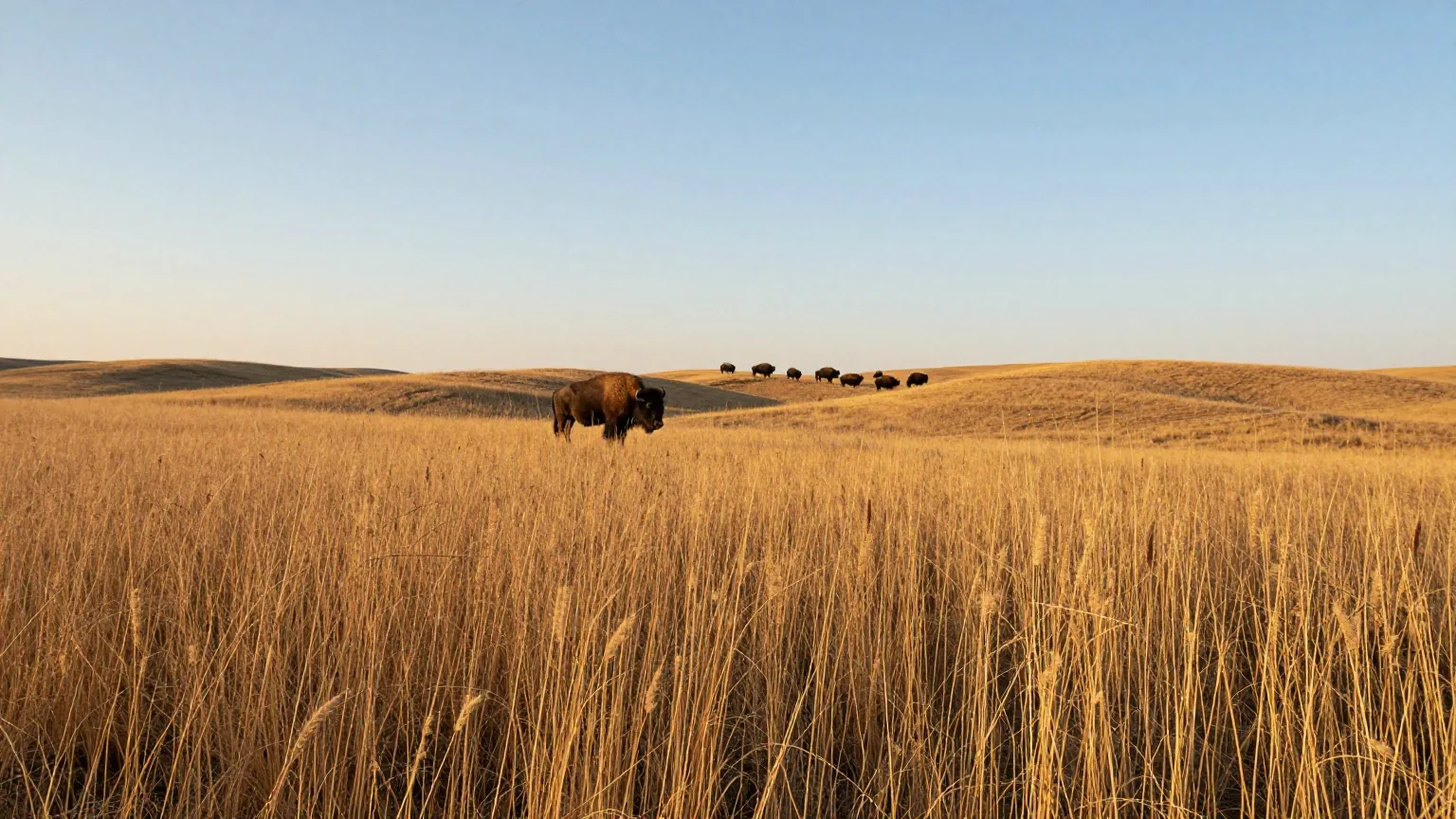 Hohes Präriegras auf sanften Hügeln unter weitem Himmel, in der Ferne eine grasende Bisonherde im Nachmittagslicht