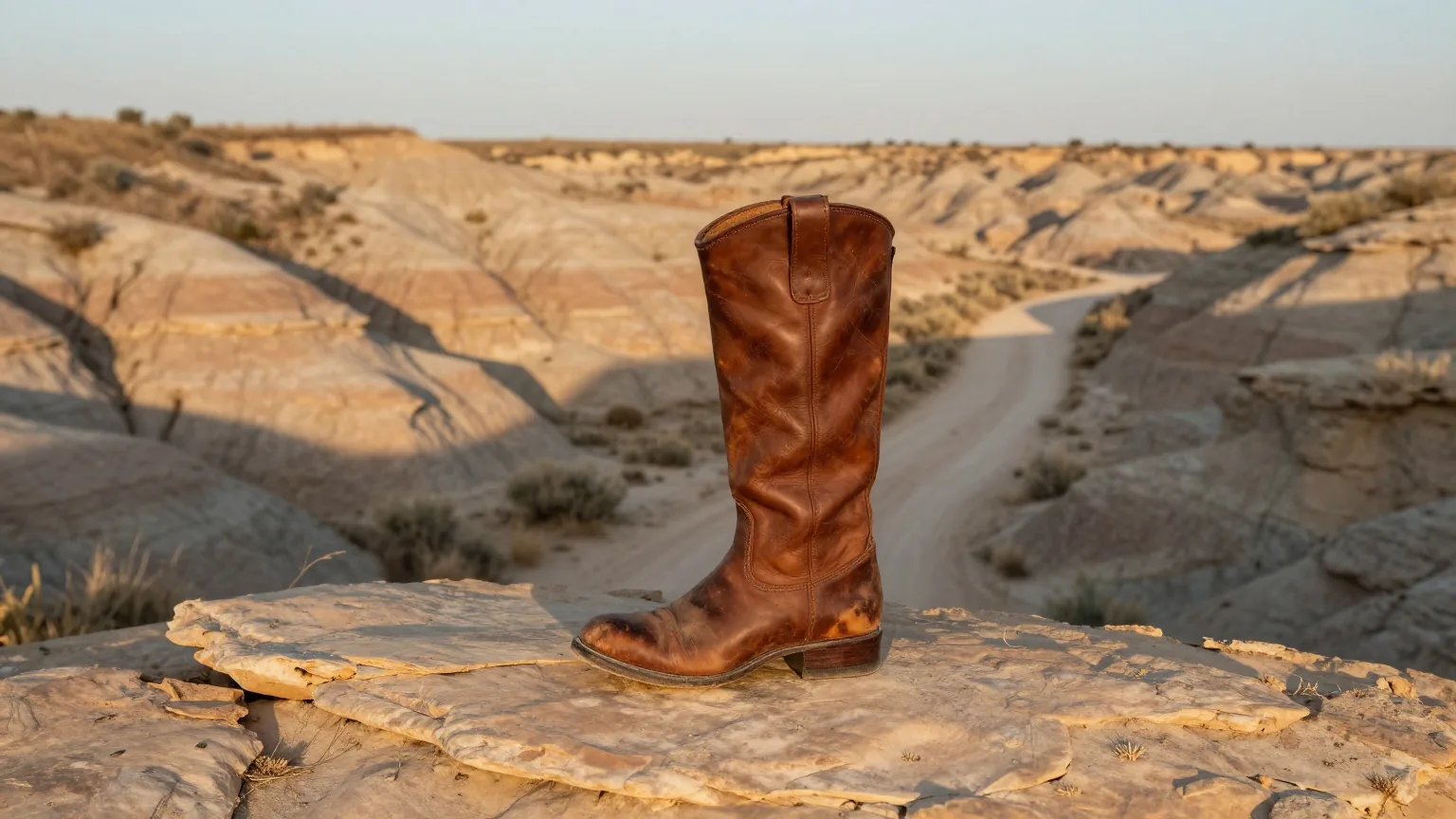 Ein abgetragener brauner Reitstiefel steht auf einem flachen Sandsteinfelsen in einer trockenen Hügellandschaft mit ausgewaschenen grauen und ockerfarbenen Rinnen