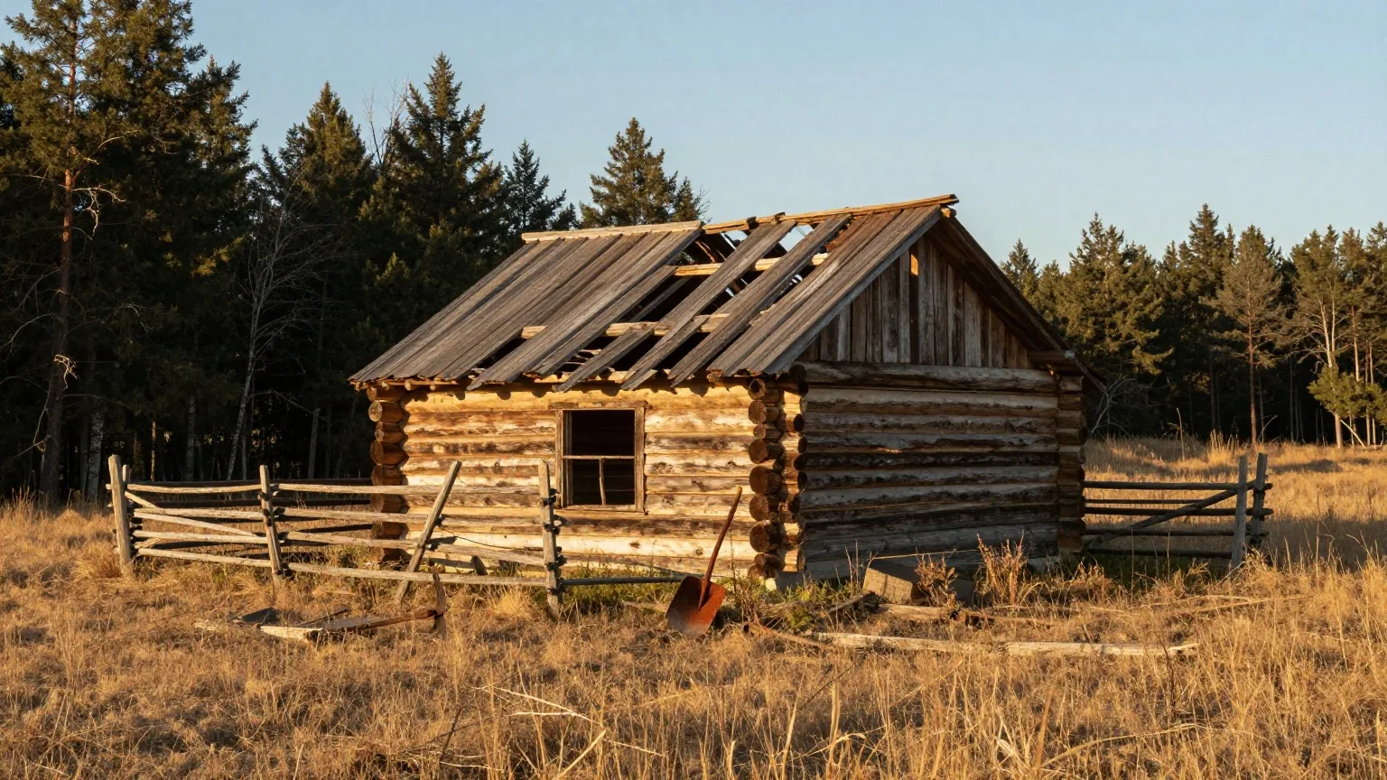Verlassene Blockhütte mit eingestürztem Dach am Rand einer Waldlichtung, davor ein Lattenzaun und ein alter Pflug im verwilderten Feld, warmes Licht am späten Nachmittag