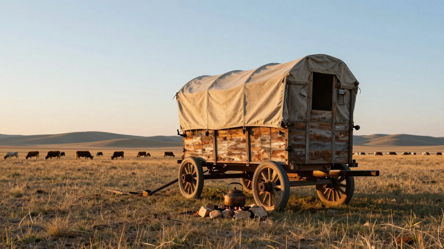 Alter Küchenwagen mit Planendach allein auf einer weiten Graslandschaft im Morgenlicht, davor eine Kaffeekanne auf kalten Feuersteinen, in der Ferne eine weidende Rinderherde