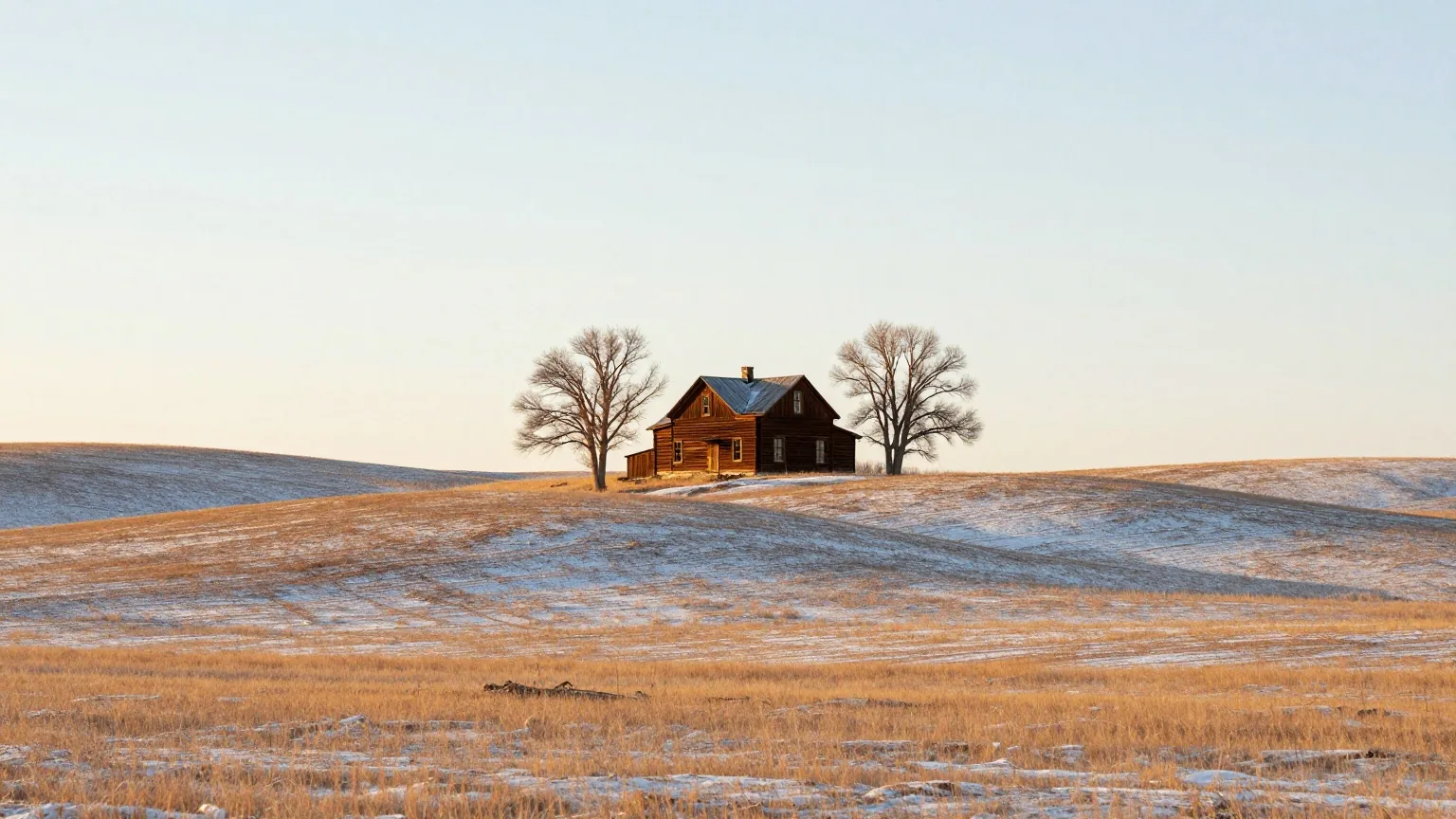 Verschneite Hügel der Prärie unter fahlem Winterhimmel, in der Ferne ein einzelnes Holzhaus mit gemauertem Schornstein zwischen kahlen Pappeln