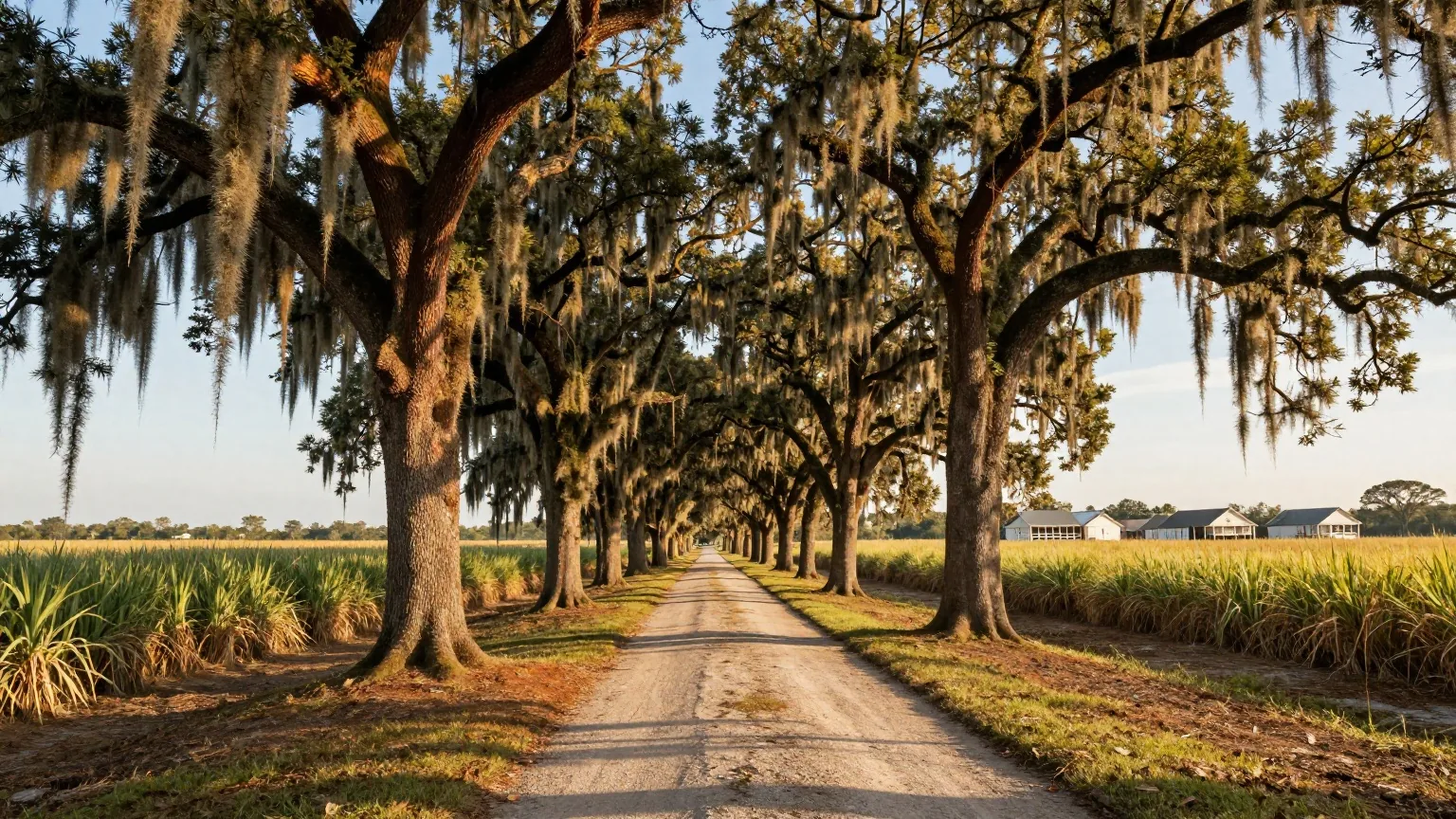 Allee alter Eichen mit herabhängendem Louisianamoos, dahinter Zuckerrohrfelder und eine Reihe kleiner weißer Holzhütten im warmen Nachmittagslicht