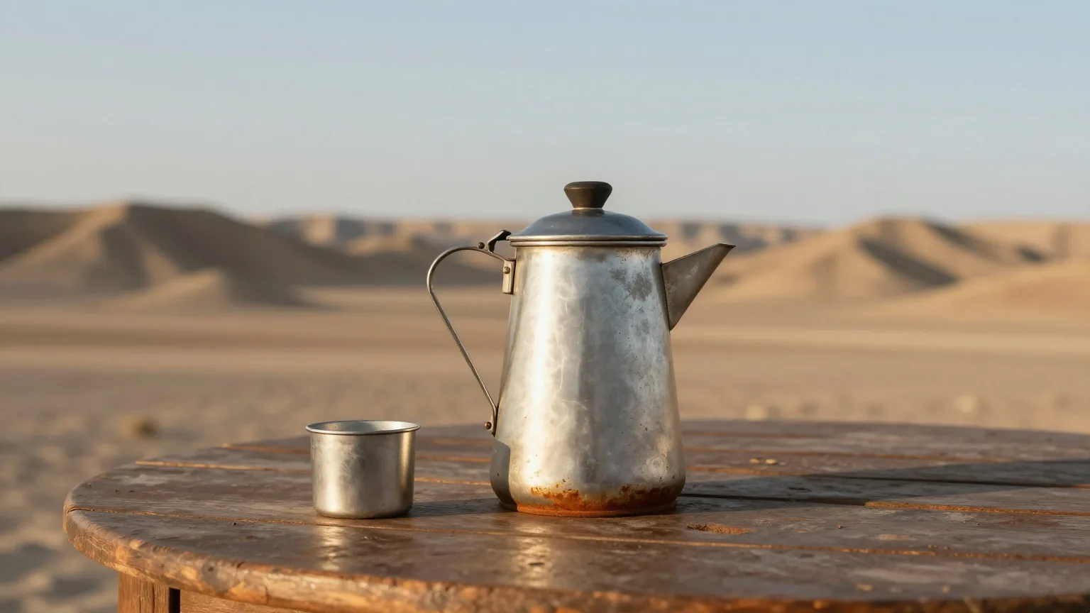 Blecherne Kaffeekanne und ein kleiner Blechbecher auf einem verwitterten Holztisch, dahinter unscharf eine Wüstenlandschaft im Abendlicht